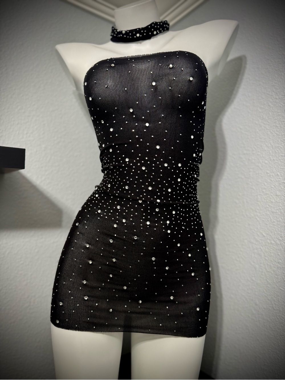 Black Rhinestone Fishnet Bodystocking sheer with matching Chocker- One size